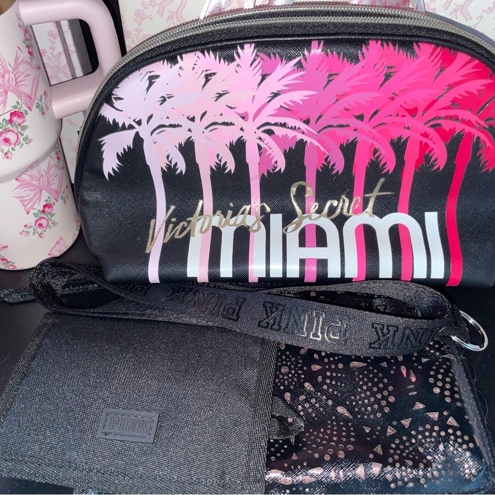 VS PINK miami cosmetic bag, black wallets and lanyard set